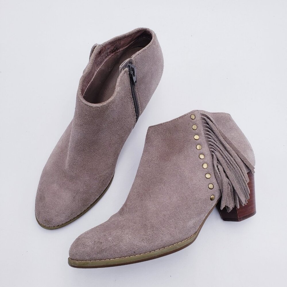 Vionic Women's 8.5 Faros Fringed Bootie Taupe Suede Waterproof Comfort Size Zip